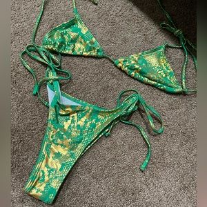 Green and gold snake print two piece bikini